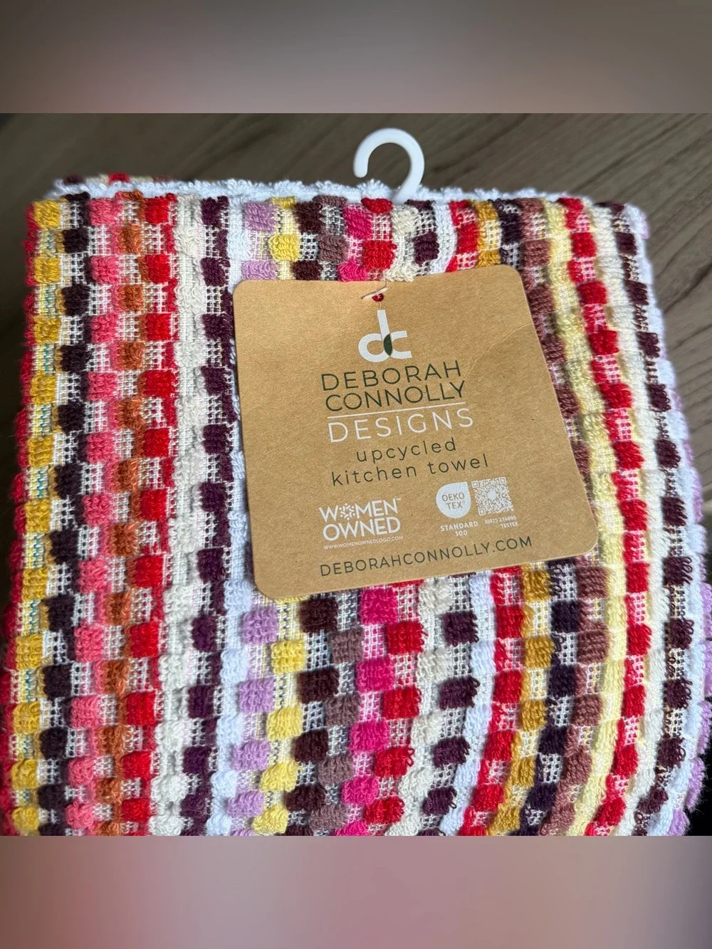 DEBORAH CONNOLLY FALL KITCHEN TOWELS (3) BLOCKS RED GOLD PURPLE 100% COTTON